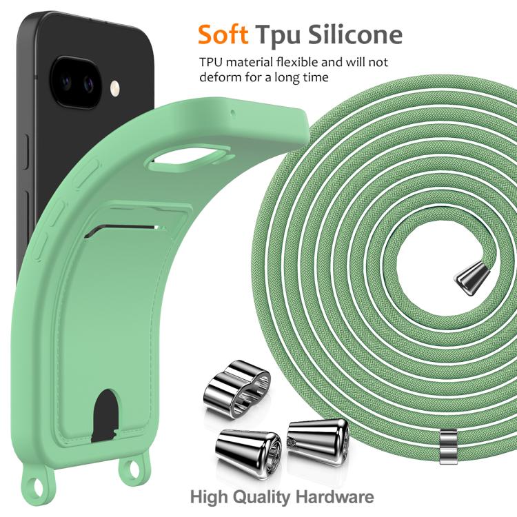 For Google Pixel 9a Integrated Card Bag Solid Color Liquid Silicone Phone Case with Lanyard