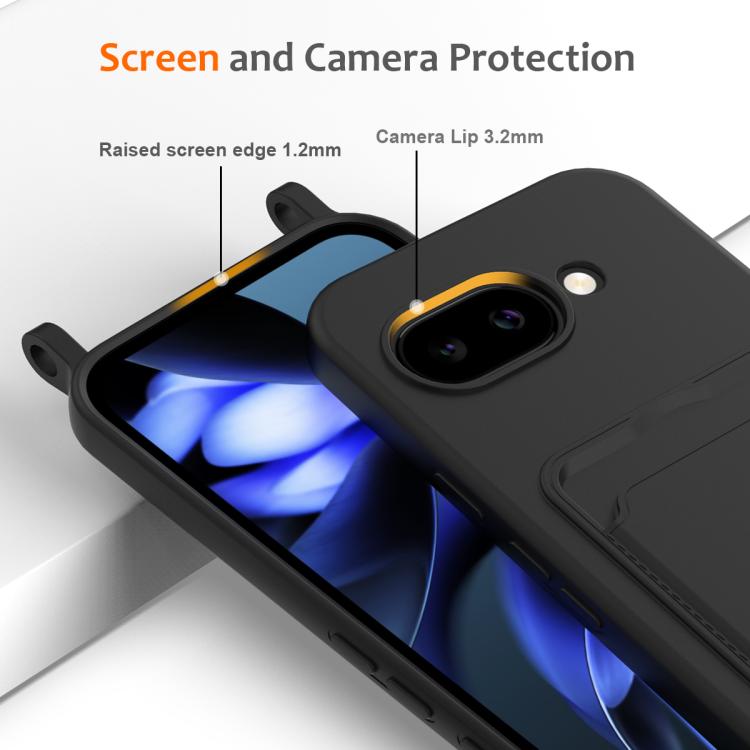 For Google Pixel 9a Integrated Card Bag Solid Color Liquid Silicone Phone Case with Lanyard