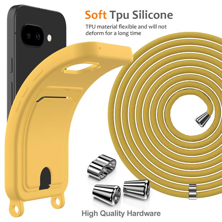 For Google Pixel 9a Integrated Card Bag Solid Color Liquid Silicone Phone Case with Lanyard