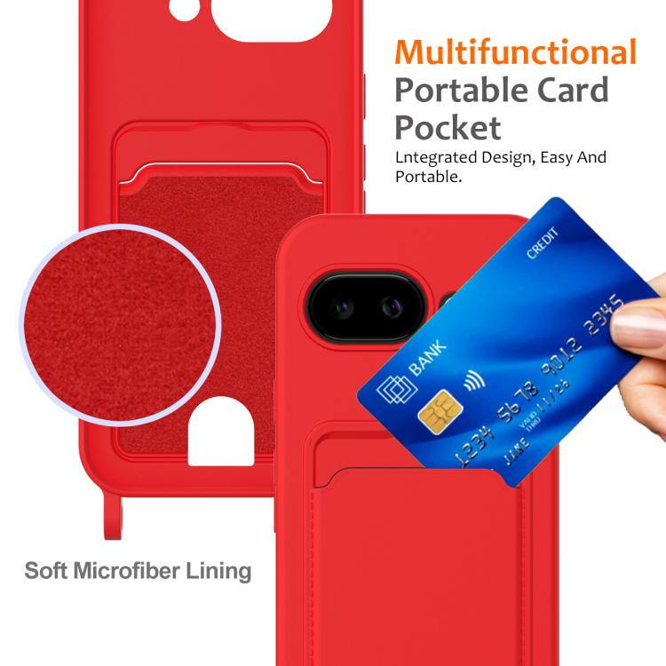 For Google Pixel 10a Integrated Card Bag Solid Color Liquid Silicone Phone Case with Lanyard