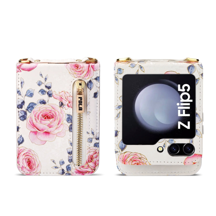 For Samsung Galaxy Z Flip5 POLA Rose Pattern Multi-Card Slots Zipper Wallet Phone Case