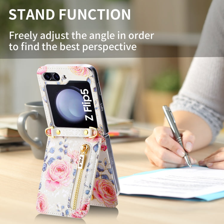 For Samsung Galaxy Z Flip5 POLA Rose Pattern Multi-Card Slots Zipper Wallet Phone Case