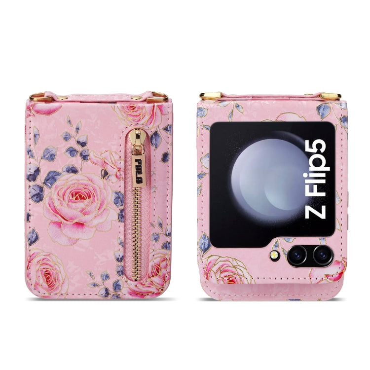 For Samsung Galaxy Z Flip5 POLA Rose Pattern Multi-Card Slots Zipper Wallet Phone Case
