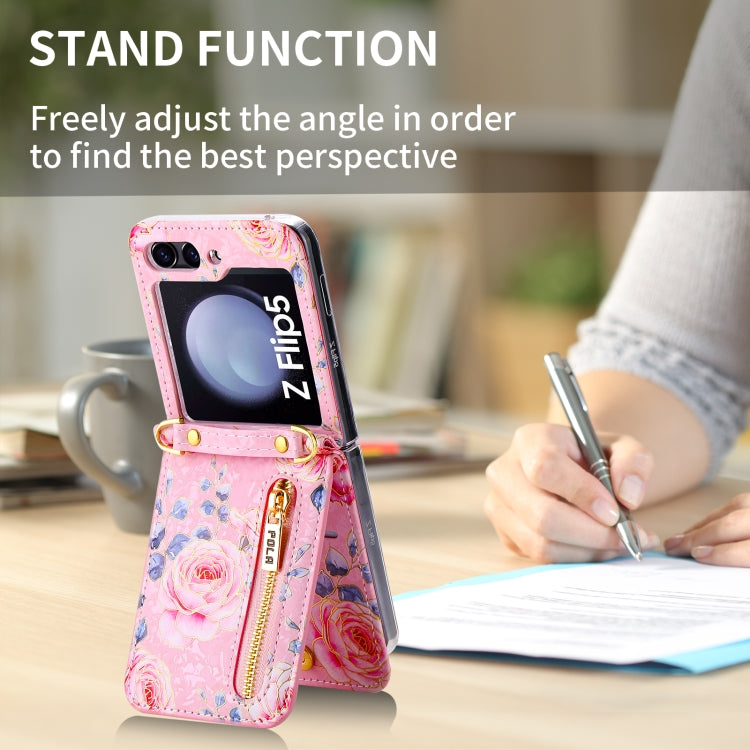 For Samsung Galaxy Z Flip5 POLA Rose Pattern Multi-Card Slots Zipper Wallet Phone Case