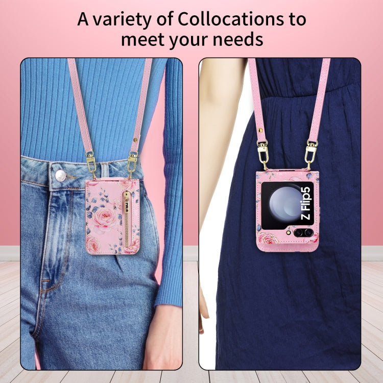 For Samsung Galaxy Z Flip5 POLA Rose Pattern Multi-Card Slots Zipper Wallet Phone Case