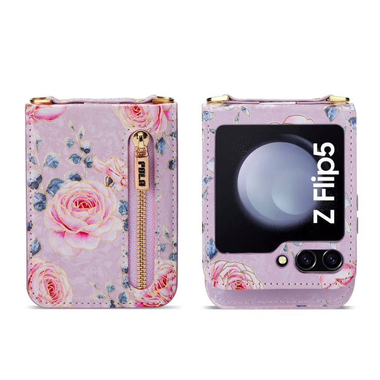 For Samsung Galaxy Z Flip5 POLA Rose Pattern Multi-Card Slots Zipper Wallet Phone Case