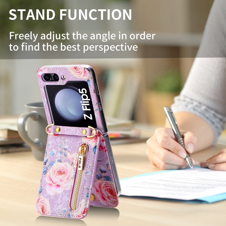 For Samsung Galaxy Z Flip5 POLA Rose Pattern Multi-Card Slots Zipper Wallet Phone Case