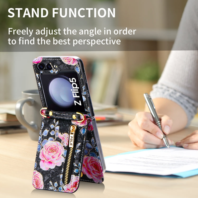 For Samsung Galaxy Z Flip5 POLA Rose Pattern Multi-Card Slots Zipper Wallet Phone Case