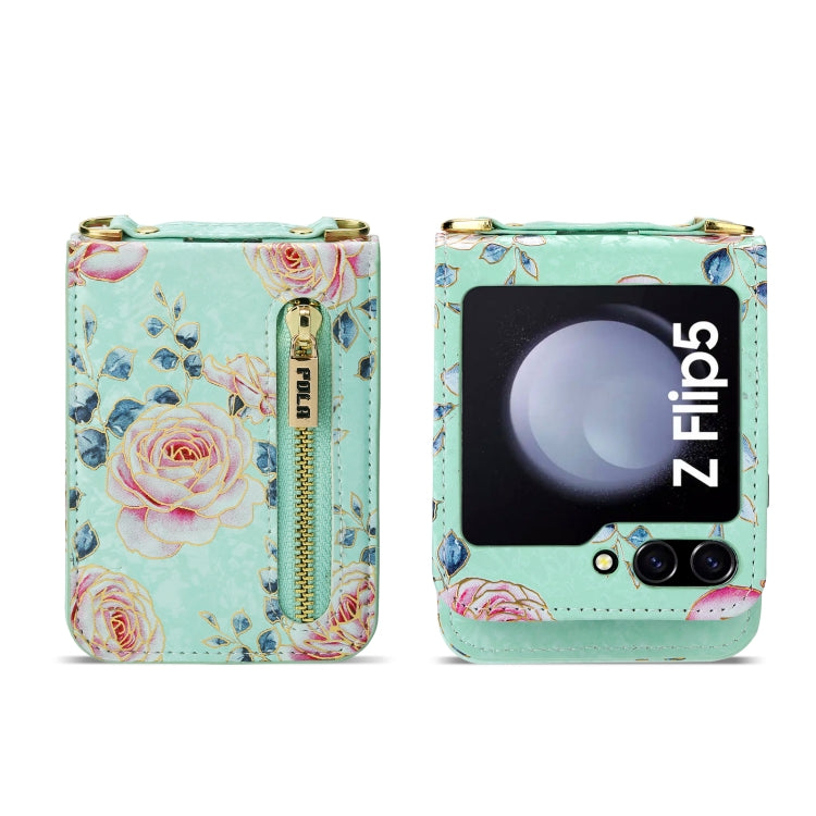 For Samsung Galaxy Z Flip5 POLA Rose Pattern Multi-Card Slots Zipper Wallet Phone Case