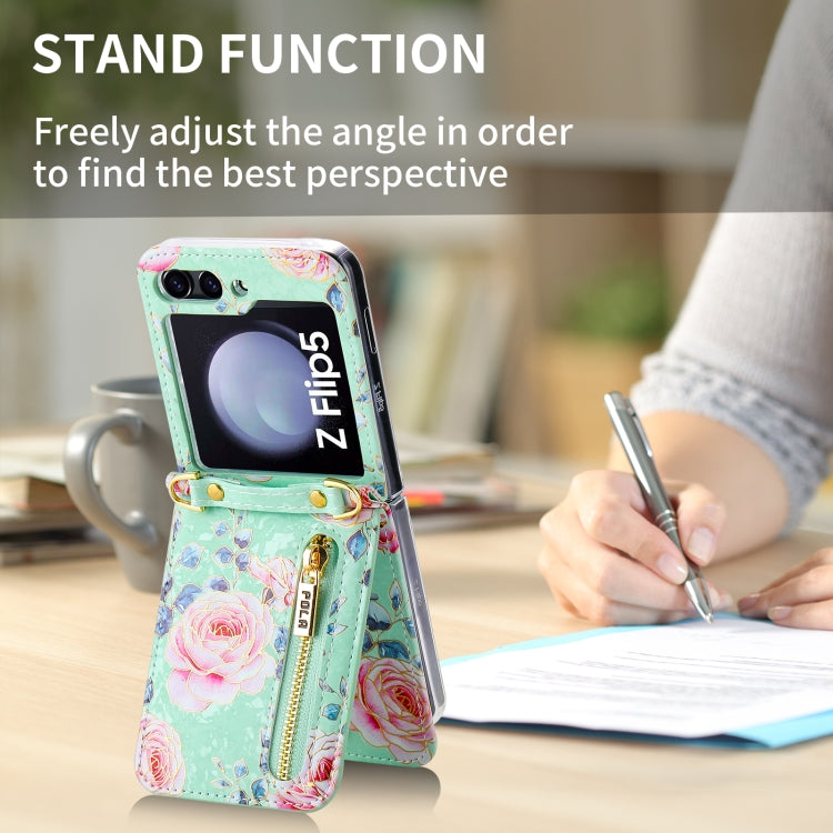 For Samsung Galaxy Z Flip5 POLA Rose Pattern Multi-Card Slots Zipper Wallet Phone Case