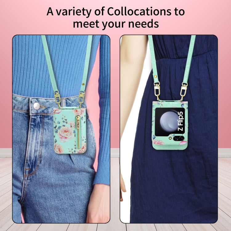 For Samsung Galaxy Z Flip5 POLA Rose Pattern Multi-Card Slots Zipper Wallet Phone Case