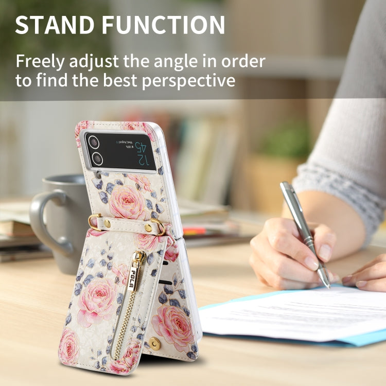 For Samsung Galaxy Z Flip3 5G POLA Rose Pattern Multi-Card Slots Zipper Wallet Phone Case