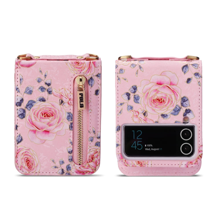 For Samsung Galaxy Z Flip3 5G POLA Rose Pattern Multi-Card Slots Zipper Wallet Phone Case