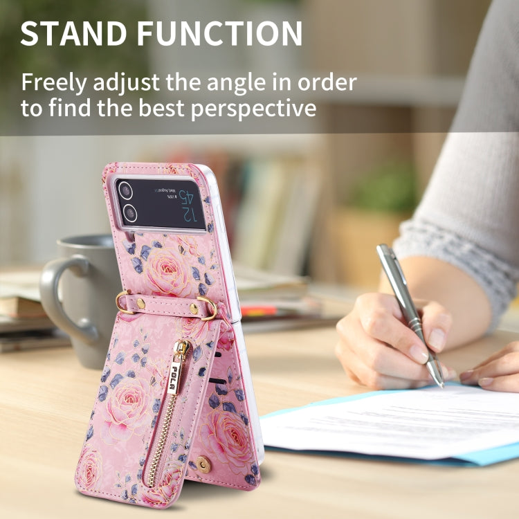 For Samsung Galaxy Z Flip3 5G POLA Rose Pattern Multi-Card Slots Zipper Wallet Phone Case
