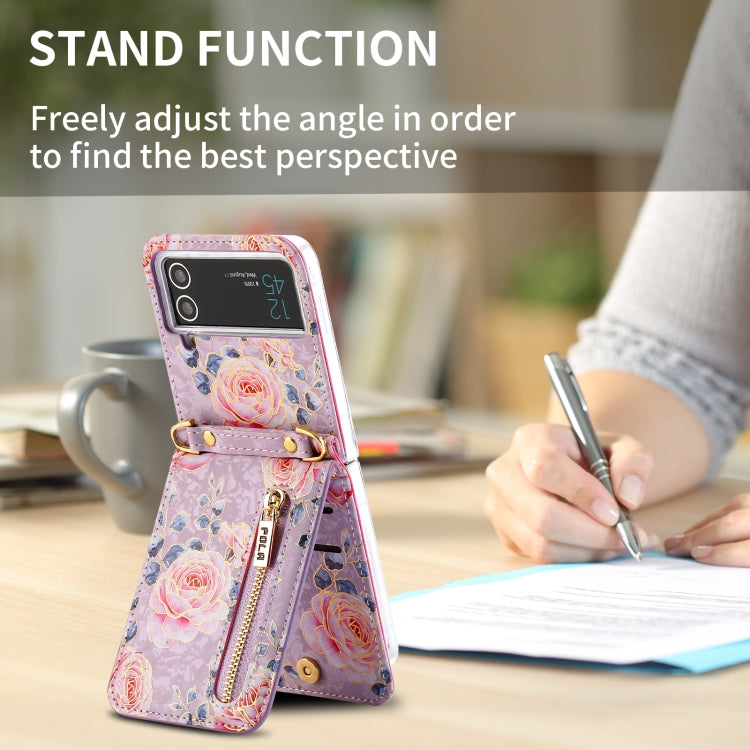 For Samsung Galaxy Z Flip3 5G POLA Rose Pattern Multi-Card Slots Zipper Wallet Phone Case