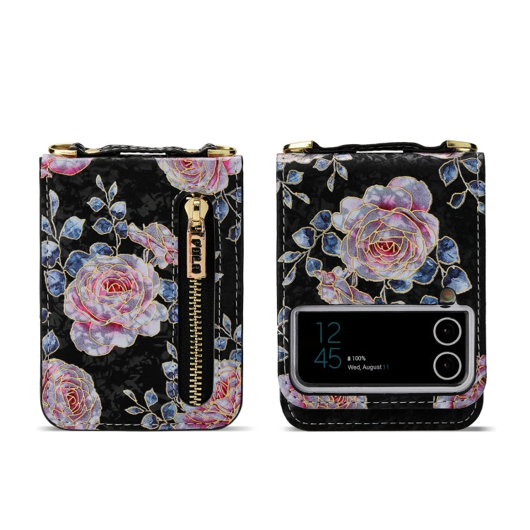 For Samsung Galaxy Z Flip3 5G POLA Rose Pattern Multi-Card Slots Zipper Wallet Phone Case