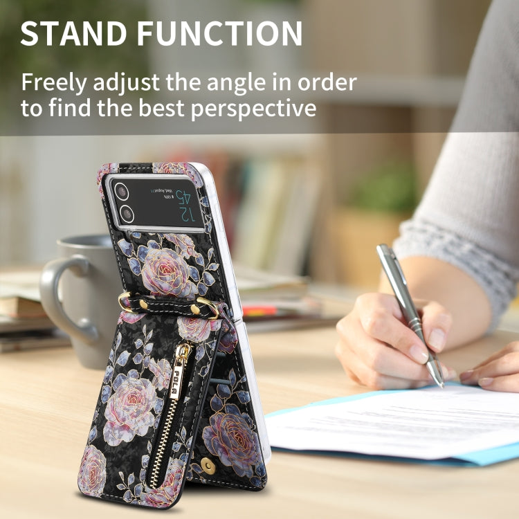 For Samsung Galaxy Z Flip3 5G POLA Rose Pattern Multi-Card Slots Zipper Wallet Phone Case