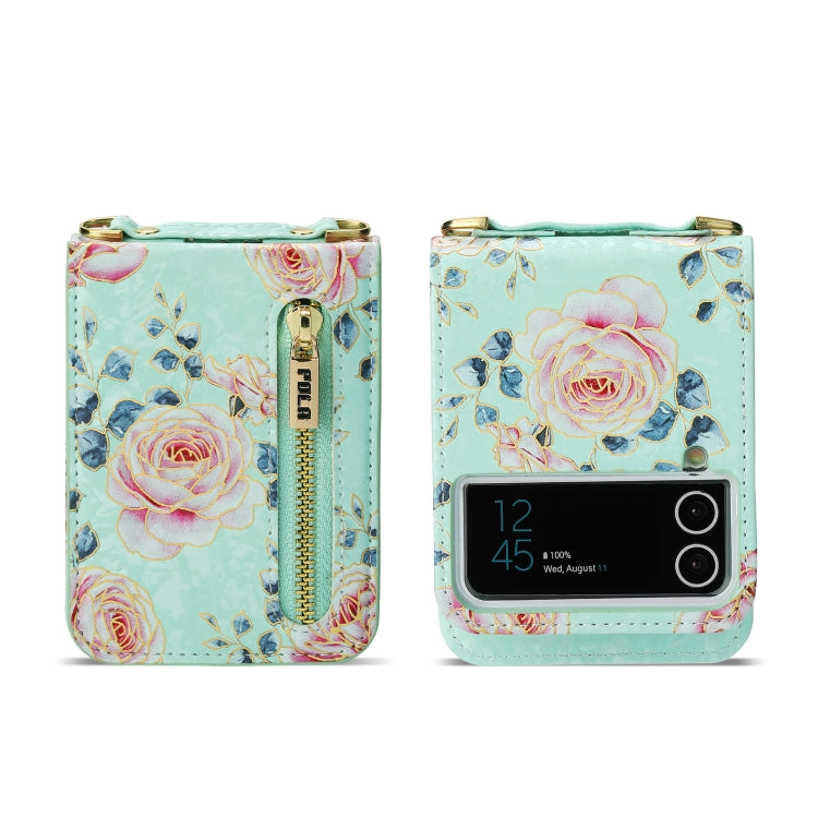 For Samsung Galaxy Z Flip3 5G POLA Rose Pattern Multi-Card Slots Zipper Wallet Phone Case