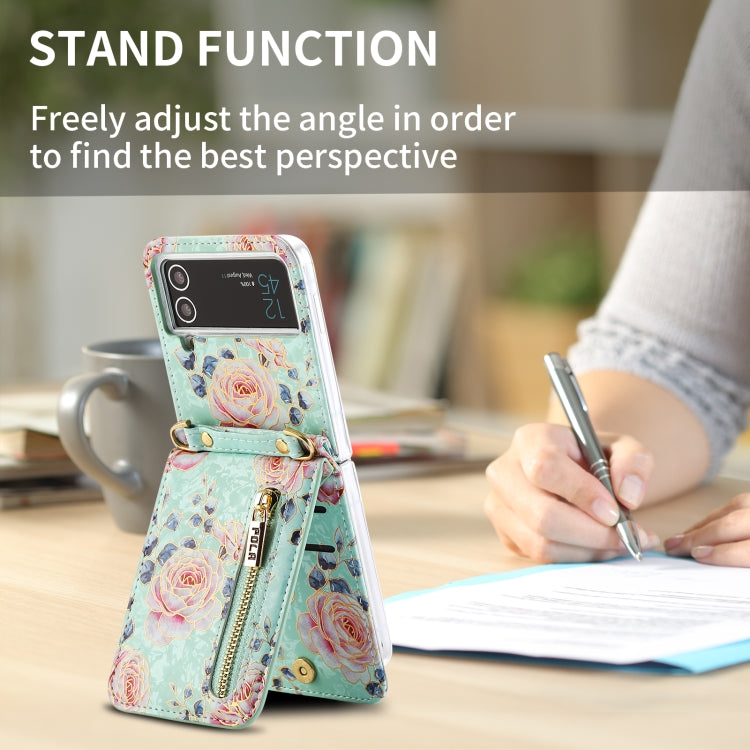 For Samsung Galaxy Z Flip3 5G POLA Rose Pattern Multi-Card Slots Zipper Wallet Phone Case