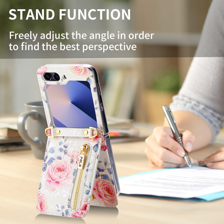 For Samsung Galaxy Z Flip6 / Flip7 FE POLA Rose Pattern Multi-Card Slots Zipper Wallet Phone Case