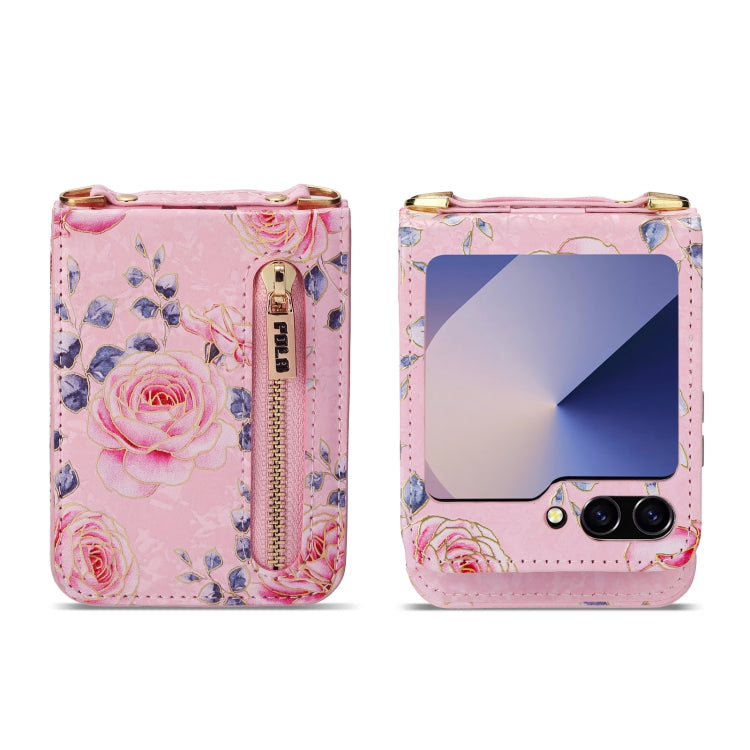 For Samsung Galaxy Z Flip6 / Flip7 FE POLA Rose Pattern Multi-Card Slots Zipper Wallet Phone Case
