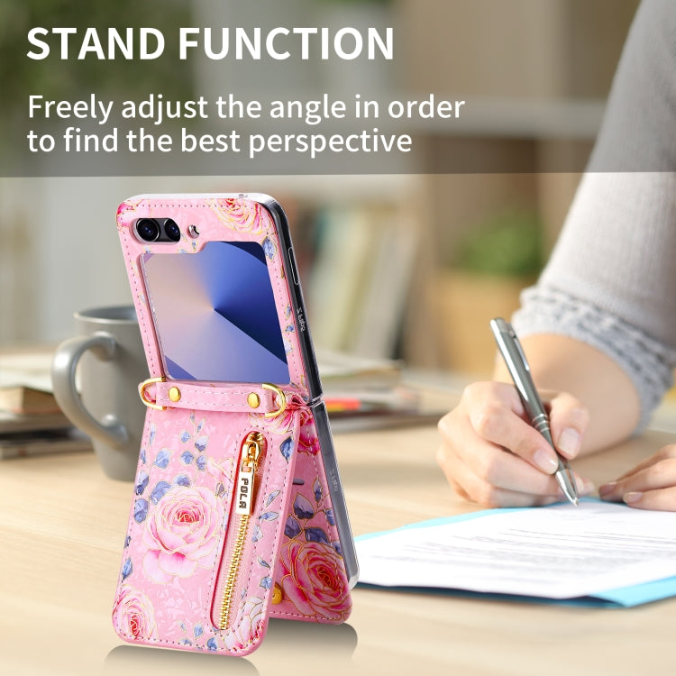 For Samsung Galaxy Z Flip6 / Flip7 FE POLA Rose Pattern Multi-Card Slots Zipper Wallet Phone Case