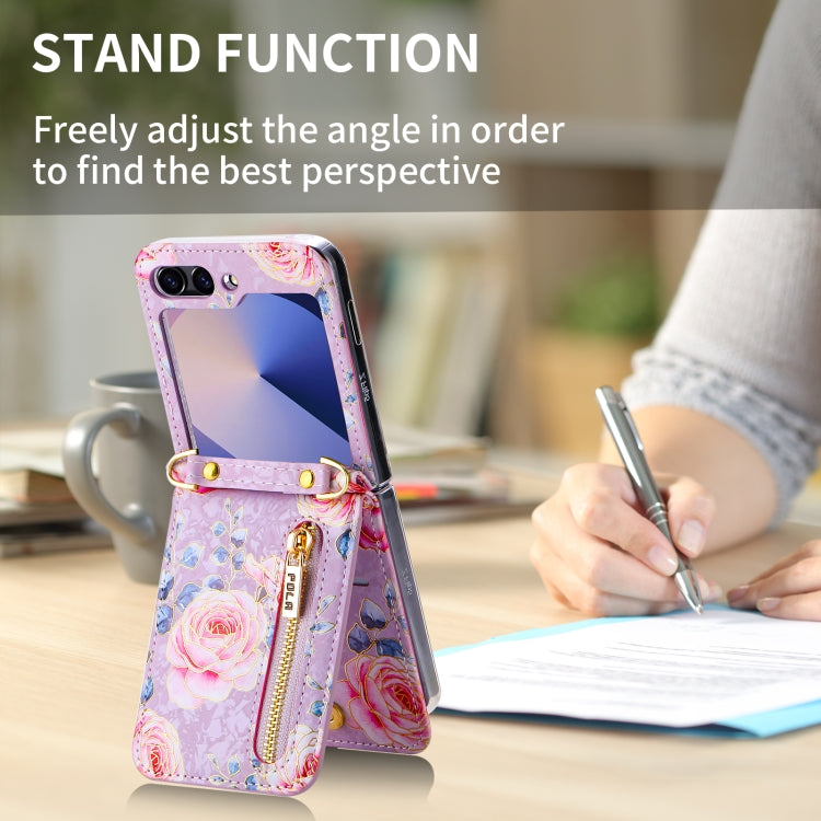 For Samsung Galaxy Z Flip6 / Flip7 FE POLA Rose Pattern Multi-Card Slots Zipper Wallet Phone Case