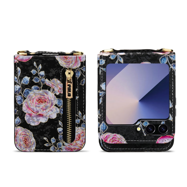 For Samsung Galaxy Z Flip6 / Flip7 FE POLA Rose Pattern Multi-Card Slots Zipper Wallet Phone Case