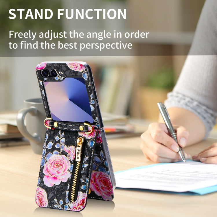 For Samsung Galaxy Z Flip6 / Flip7 FE POLA Rose Pattern Multi-Card Slots Zipper Wallet Phone Case