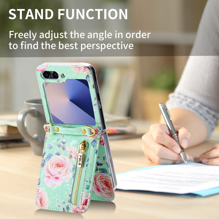 For Samsung Galaxy Z Flip6 / Flip7 FE POLA Rose Pattern Multi-Card Slots Zipper Wallet Phone Case
