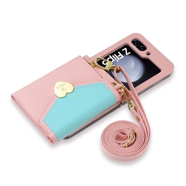 For Samsung Galaxy Z Flip5 POLA Color Block Love Buckle Multi-Card Slots Wallet Phone Case