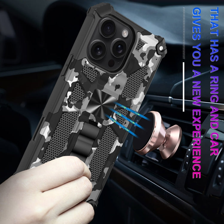 For iPhone 16 Pro Max Camouflage Armor Kickstand TPU + PC Magnetic Phone Case