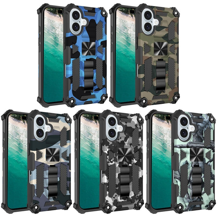 For iPhone 16 Camouflage Armor Kickstand TPU + PC Magnetic Phone Case