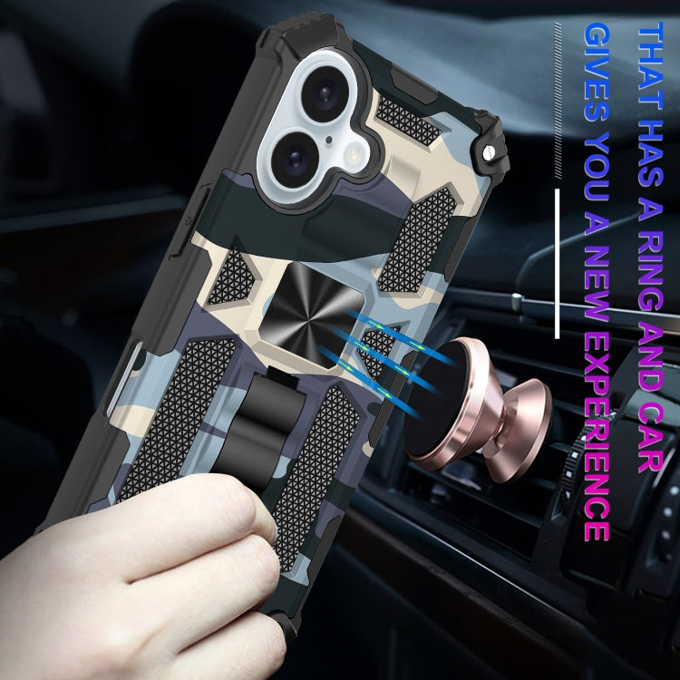 For iPhone 16 Camouflage Armor Kickstand TPU + PC Magnetic Phone Case