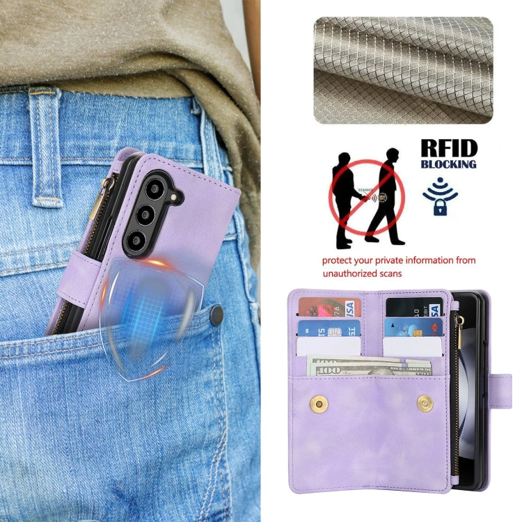 For Samsung Galaxy Z Fold6 Dream 9-Card Zipper Wallet RFID Leather Phone Case with Lanyard