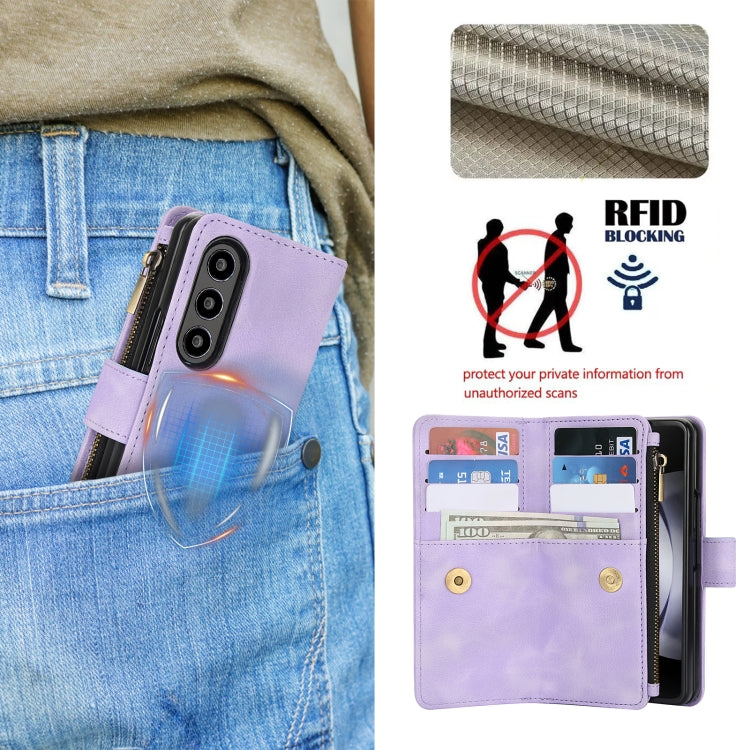 For Samsung Galaxy Z Fold3 5G Dream 9-Card Zipper Wallet RFID Leather Phone Case with Lanyard