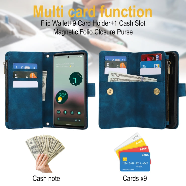 For Google Pixel 6 Dream 9-Card Zipper Wallet RFID Leather Phone Case with Lanyard