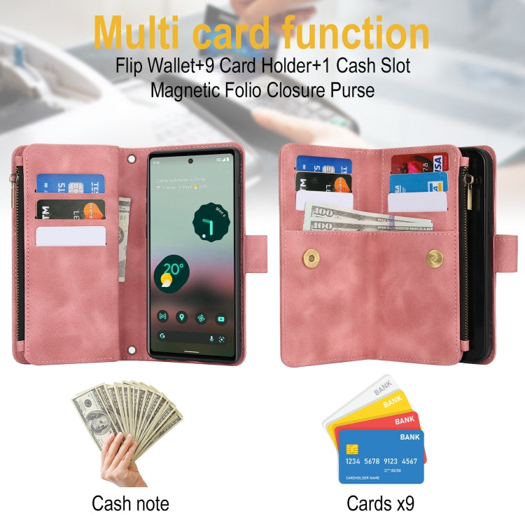For Google Pixel 6 Dream 9-Card Zipper Wallet RFID Leather Phone Case with Lanyard