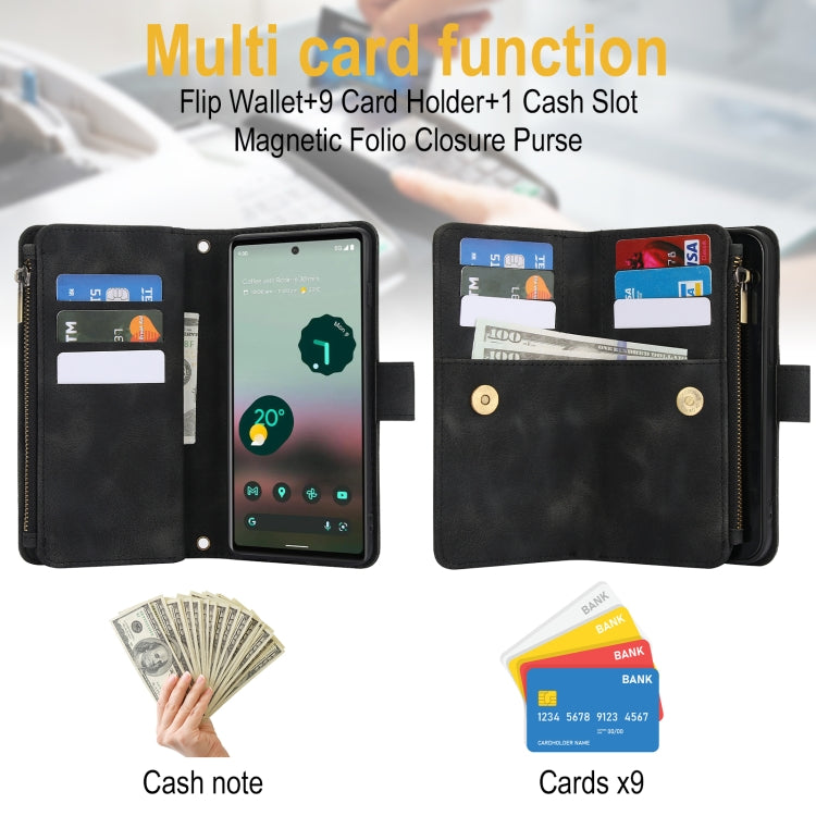For Google Pixel 6 Dream 9-Card Zipper Wallet RFID Leather Phone Case with Lanyard