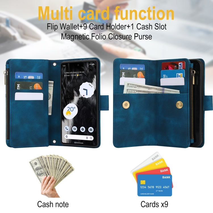 For Google Pixel 7 Dream 9-Card Zipper Wallet RFID Leather Phone Case with Lanyard