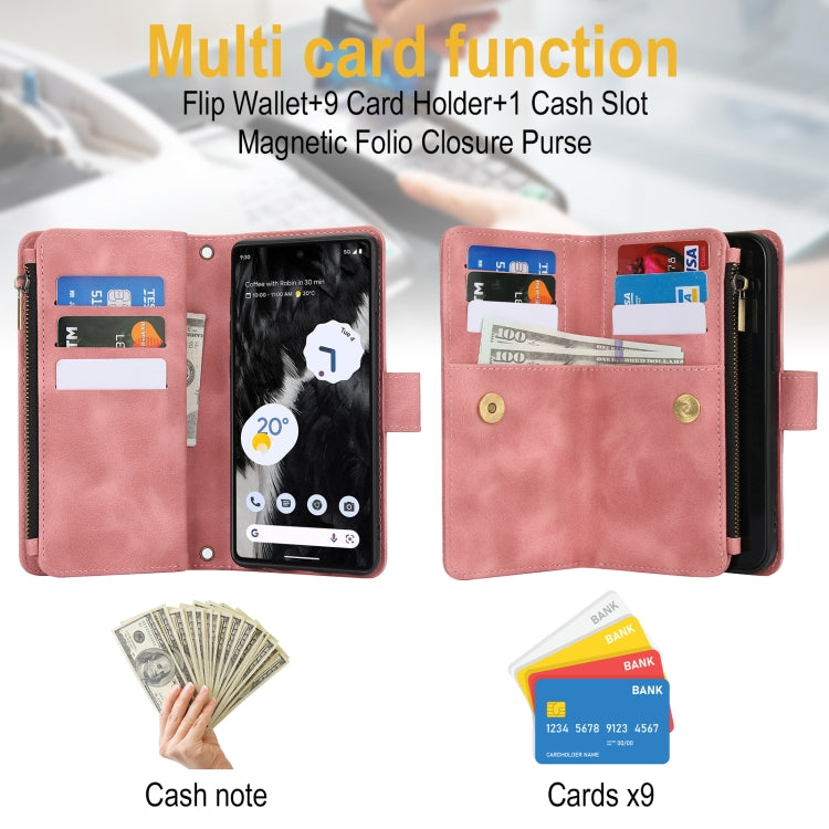 For Google Pixel 7 Dream 9-Card Zipper Wallet RFID Leather Phone Case with Lanyard