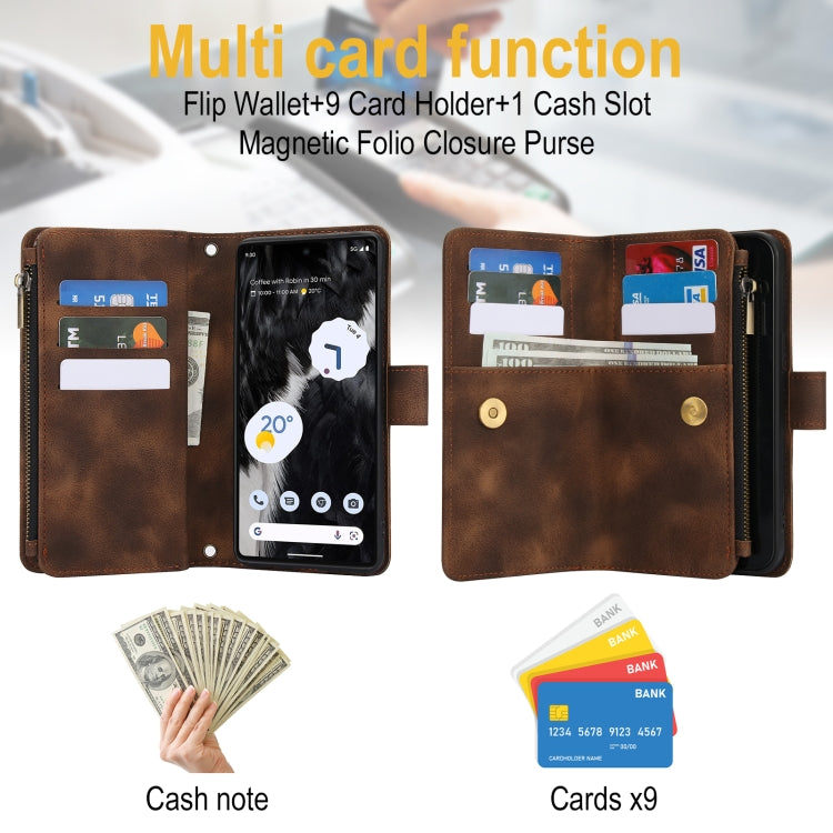 For Google Pixel 7 Dream 9-Card Zipper Wallet RFID Leather Phone Case with Lanyard
