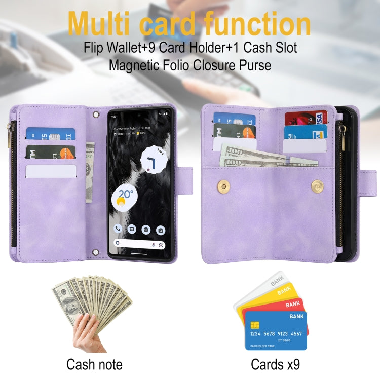 For Google Pixel 7 Dream 9-Card Zipper Wallet RFID Leather Phone Case with Lanyard