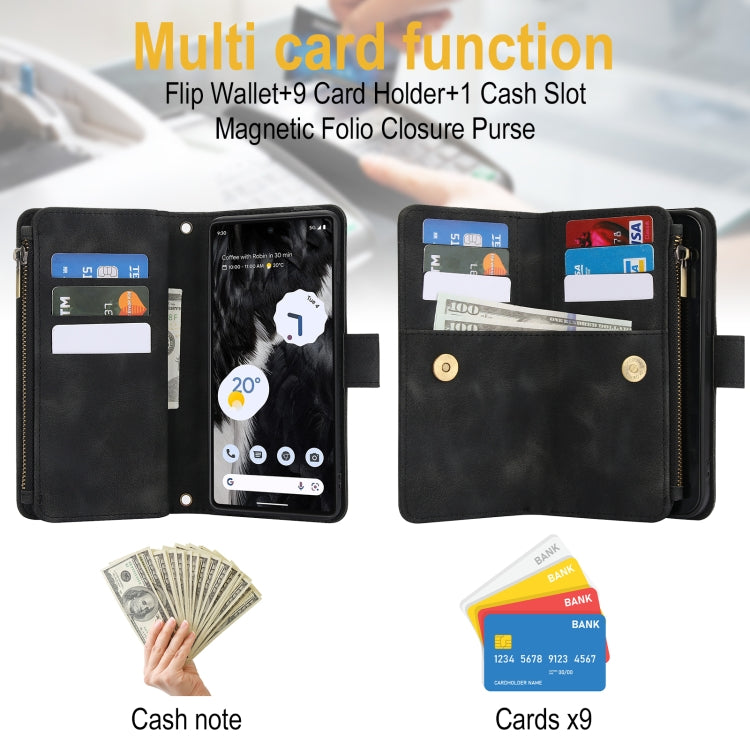 For Google Pixel 7 Dream 9-Card Zipper Wallet RFID Leather Phone Case with Lanyard