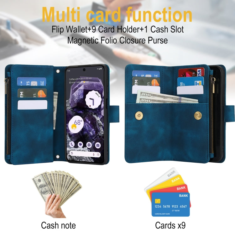 For Google Pixel 8 Dream 9-Card Zipper Wallet RFID Leather Phone Case with Lanyard
