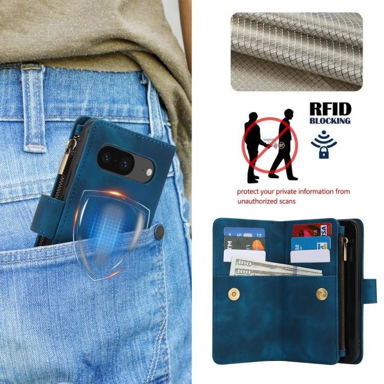 For Google Pixel 8 Dream 9-Card Zipper Wallet RFID Leather Phone Case with Lanyard