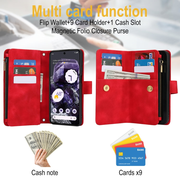 For Google Pixel 8 Dream 9-Card Zipper Wallet RFID Leather Phone Case with Lanyard