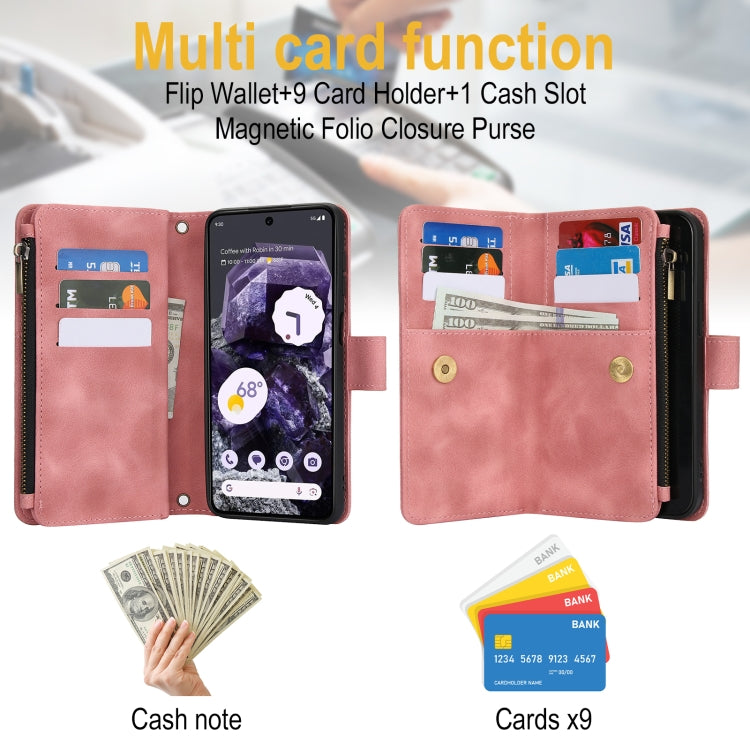 For Google Pixel 8 Dream 9-Card Zipper Wallet RFID Leather Phone Case with Lanyard