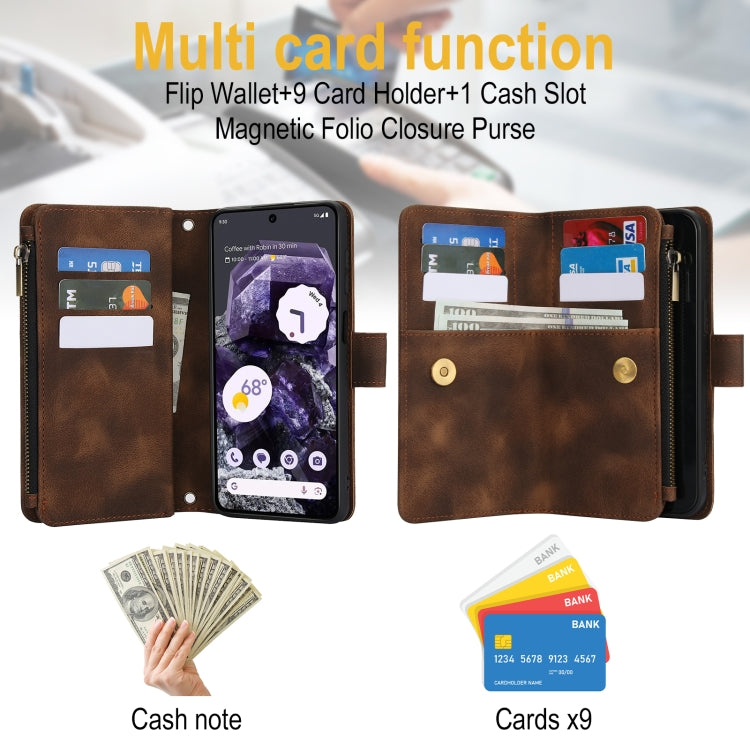 For Google Pixel 8 Dream 9-Card Zipper Wallet RFID Leather Phone Case with Lanyard