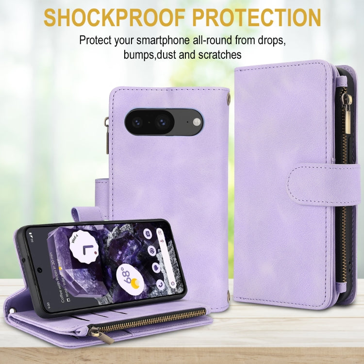 For Google Pixel 8 Dream 9-Card Zipper Wallet RFID Leather Phone Case with Lanyard